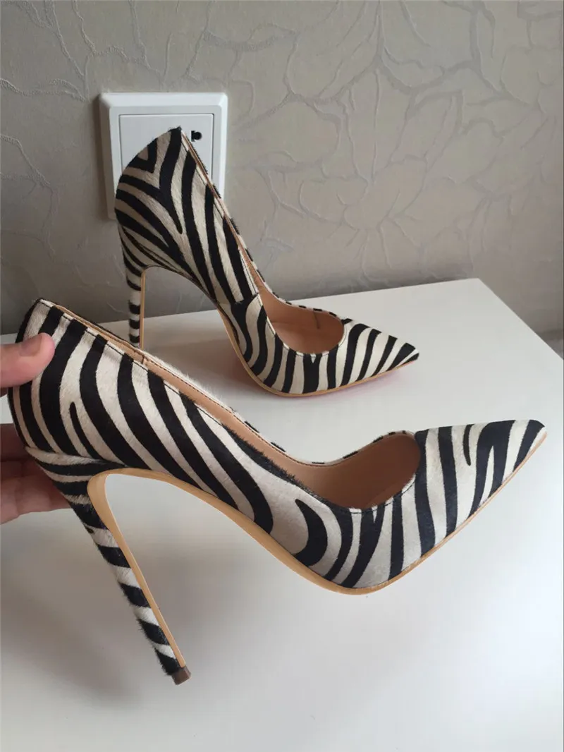 Casual Designer sexy lady fashion women shoes zebra stripe horse hair pointy toe stiletto stripper High heels Prom Evening pumps large size 44 12cm