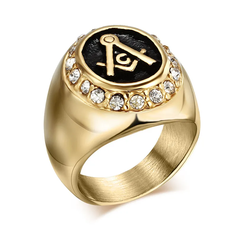 Men Punk Titanium Steel Diamante Ring Vintage Jewelry Carved Geometric Hipsters Onyx Stones Masonic Freemasonry Accessories Gold Size 7-12