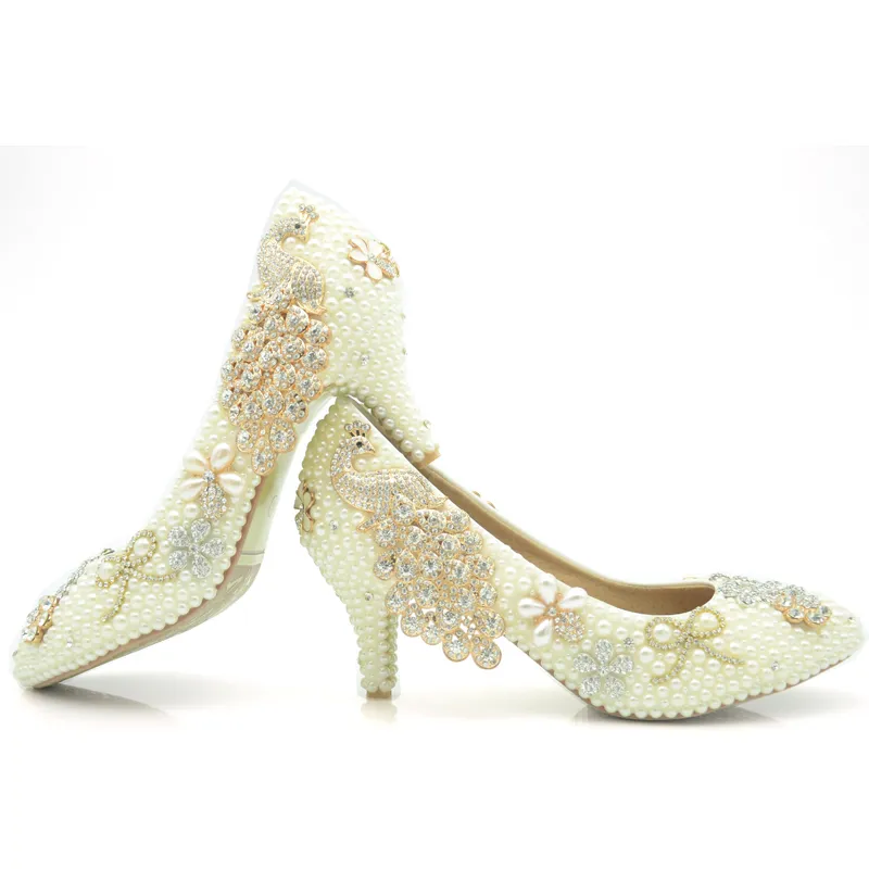 Chaussures de mariage ivoire perle talon moyen fête de mariée chaussures de bal strass Phoenix plates-formes perles mère de la mariée chaussures