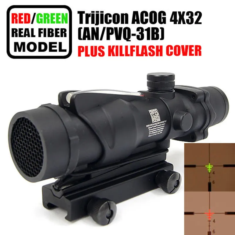 Trijicon – lunette de visée tactique Acog 4x32 à Fiber optique, avec de véritables lunettes de visée en Fiber rouge/verte, livrées avec Flash Kill