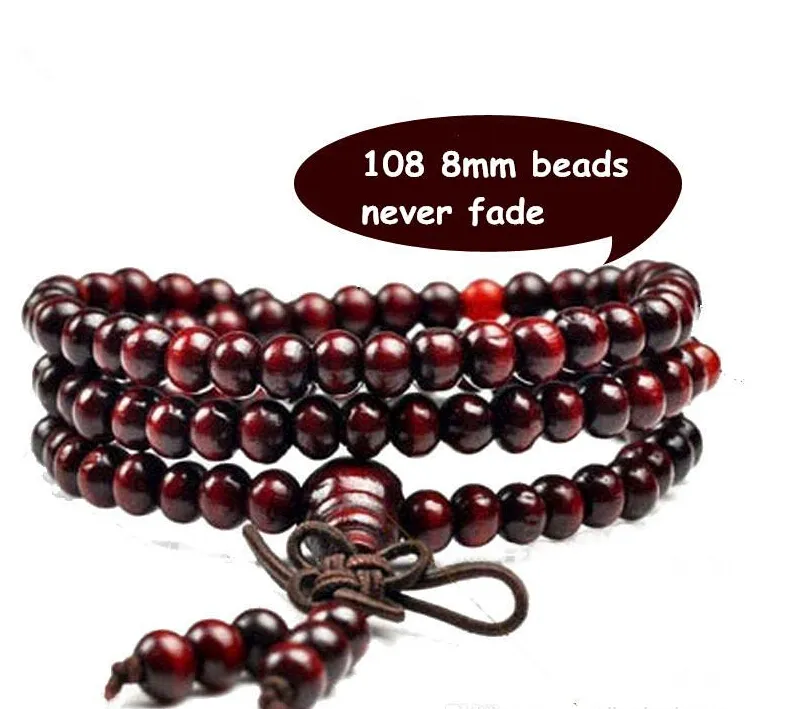 108 6mm Genuino Perline di legno di sandalo rosso Buddha Malas Bracciale Gioielli sani Uomo Polso Mala Bracciali Braccialetto lungo Religione Regalo 224m