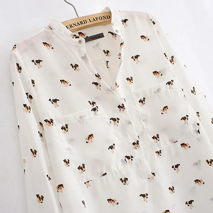 Spring 2014 Fashion Dogs Chiffon Cotton Shirts For Women Collarless