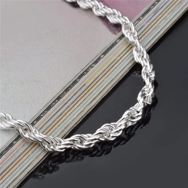 Pulsera de cadena de cuerda trenzada de plata de ley 925 de 4MM de alta calidad, joyería de moda, precio de fábrica, envío gratis