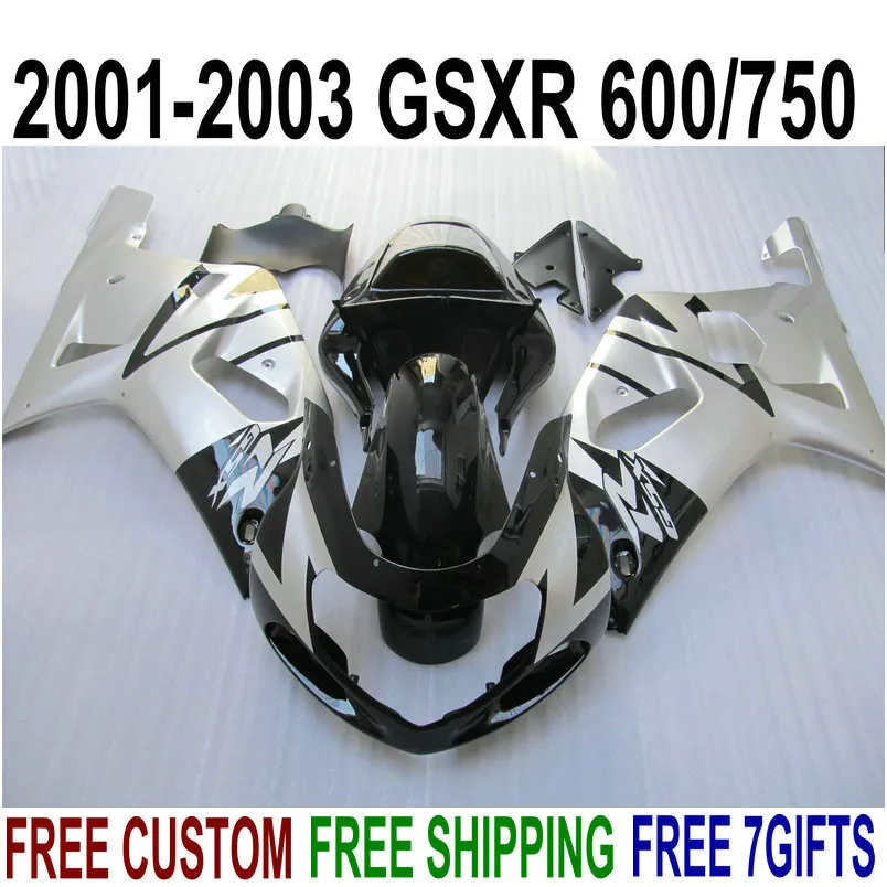 Anpassa Feedings Set för Suzuki GSXR600 GSXR750 2001-2003 K1 Silver Svart Högkvalitativ Fairing Kit GSXR 600 750 01 02 03 EF4