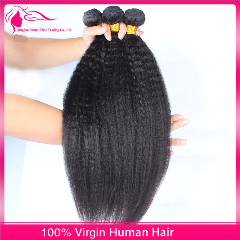 9A Mongol Kinky Em Linha Reta Cabelo Humano Com Fechamento Livre Médio Três Parte Italiano Yaki Grosso Lace Encerramento Com Bundles 4 pçs / lote