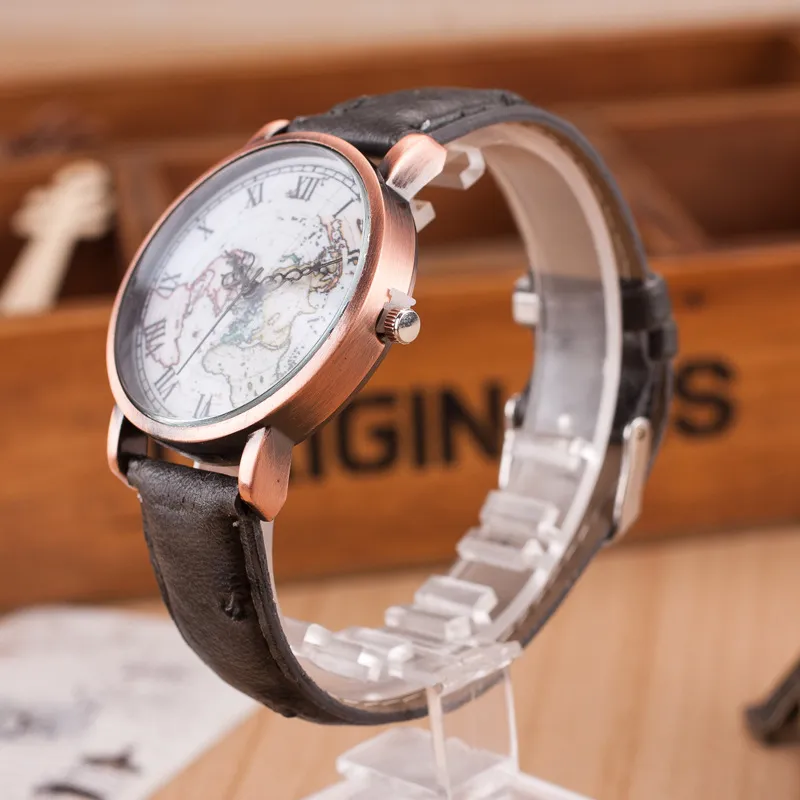 Vintage men's Watch Casual Leather WristWatches World Map Rome Numeral Digital Alloy Dial Antique Quartz Watches men Clock