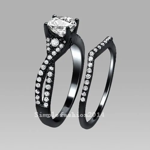 Marka Hot Sprzedaż Luksusowa Biżuteria Topaz Diodique Gem 10kt Czarny Złoto Wypełnione 2 Kobiety Wedding Bridal Ring Set SZ 5-11 Prezent