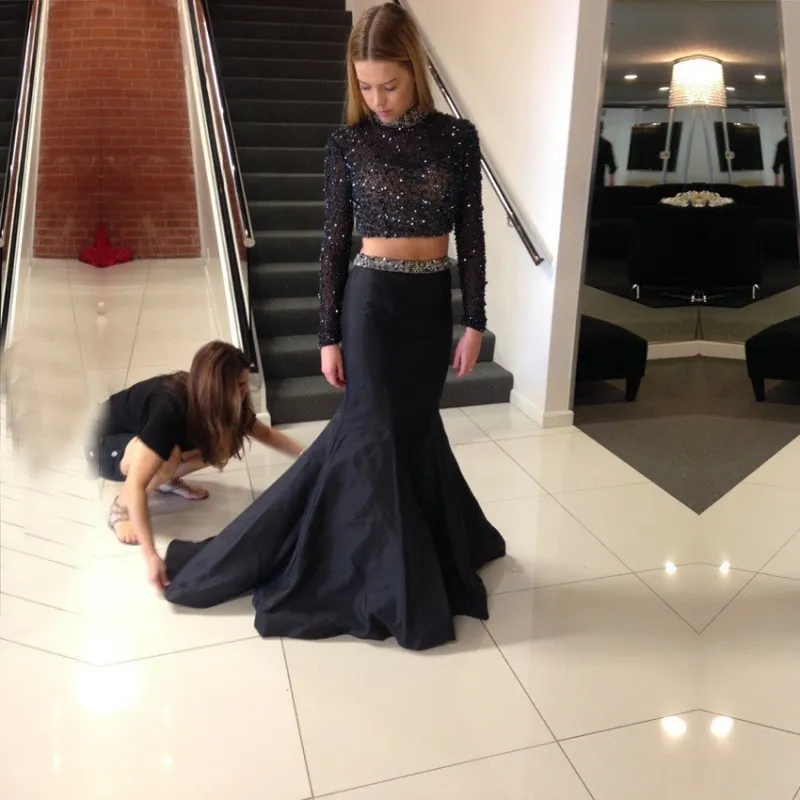 Two Pieces Prom Dresses 2016 Black Lace Beaded Sheer Lace Top with Long Sleeves Taffeta Sweep Train Skirt