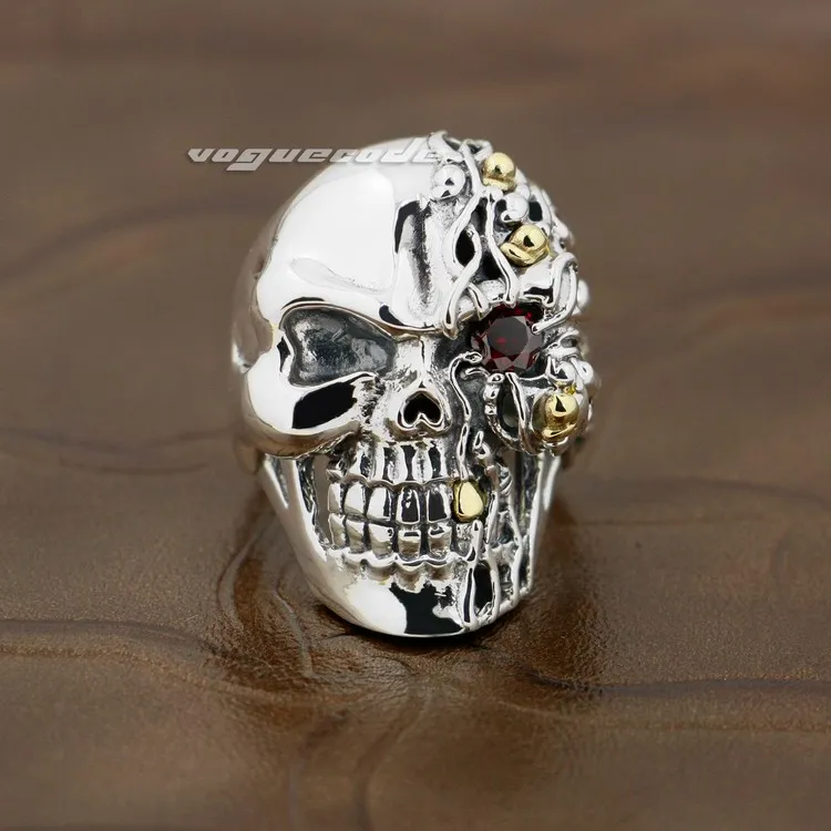 925 Sterling Silver Red CZ Stone Eye Skull Mens Riker Ring 8V006 US 8 do 14 Darmowa Wysyłka