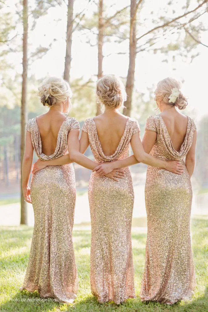 Sequins Bridesmaid dresses U Open Back Long Short Sleeves Sheath Champagne Gold Dress Custom Made Cheap Bridesmaid Gown Real Image