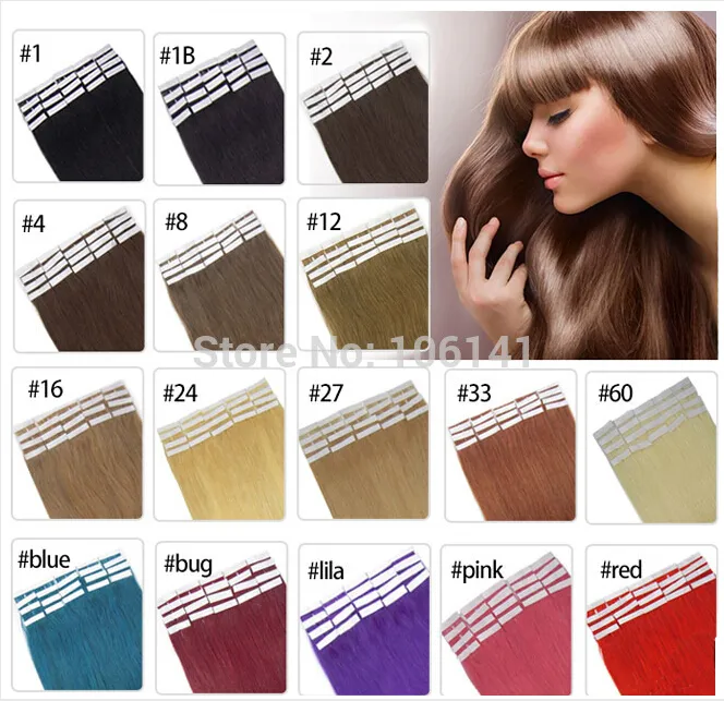 19 Färger Indisk Hår Skin Väft Remy Dubbelsidig Tape In On Human Hair Extensions 20st / Lot