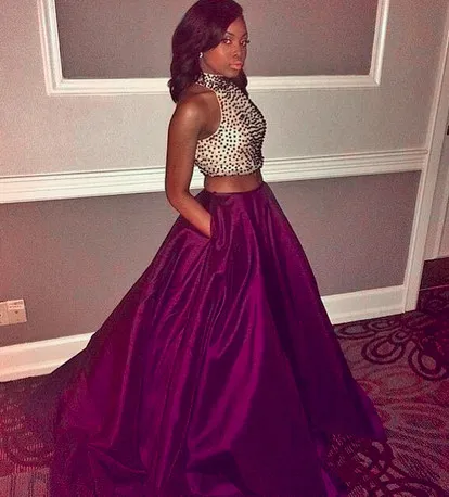 Shop two piece high neck pearl pink ball gown prom dress with appliques  from Hocogirl.com