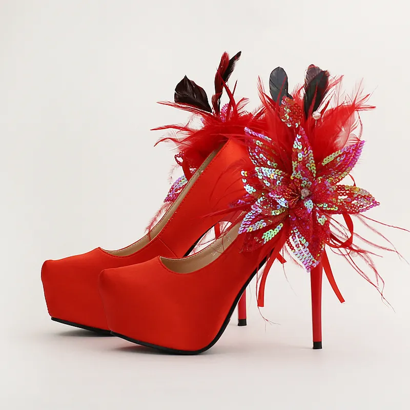 Plataformas de tacón de aguja, zapatos de novia de satén rojo, flor brillante, plumas, punta redonda, zapatos de vestir de boda, zapatos de tacón para mujer, tamaño real