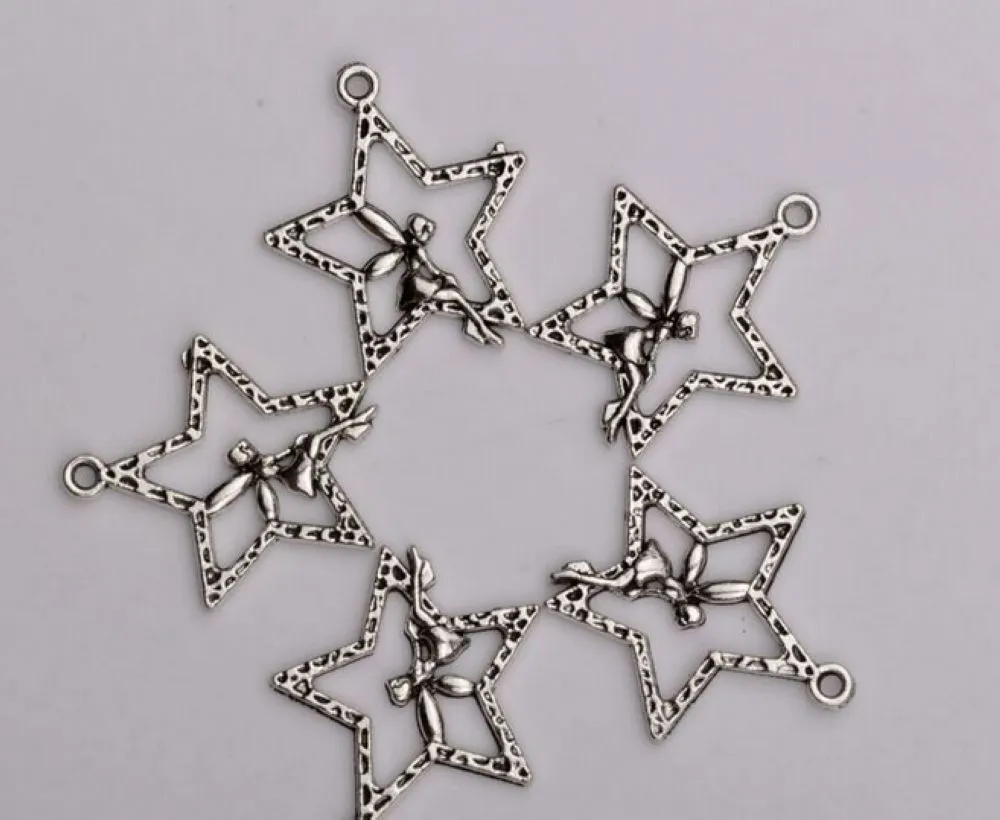 Varmförsäljning! Antiqued Silver Alloy Ensidig Design Star Angel Charm Pendants 25 x 29.5mm DIY Smycken