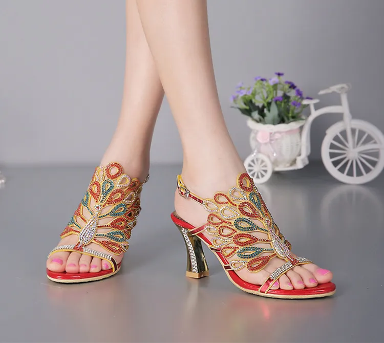 Women Banquet Prom Party Shoes Summer Rhinestone Sandals Open Toe Chunky Heel Strappy Wedding Shoes for Bride Red Black Color