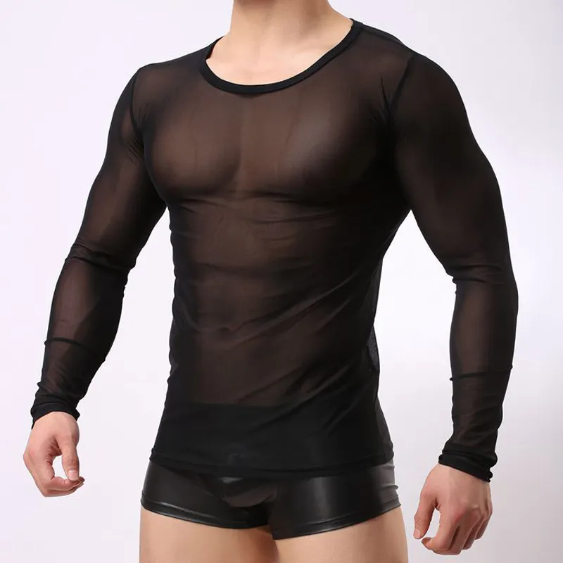 Undershirts Sexy Long-Sleeve T-Shirt Gauze Thin Breathable Mens Transparent Perspective Mesh Underwear Poleras Manga Larga De Mall2734