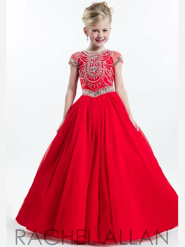 Rachel Allan Red Girl 's Pageant Dresses Sheer Crew Neck Beaded Crystals 허리 모자 소매 gilrs hy1147의 공식적인 드레스