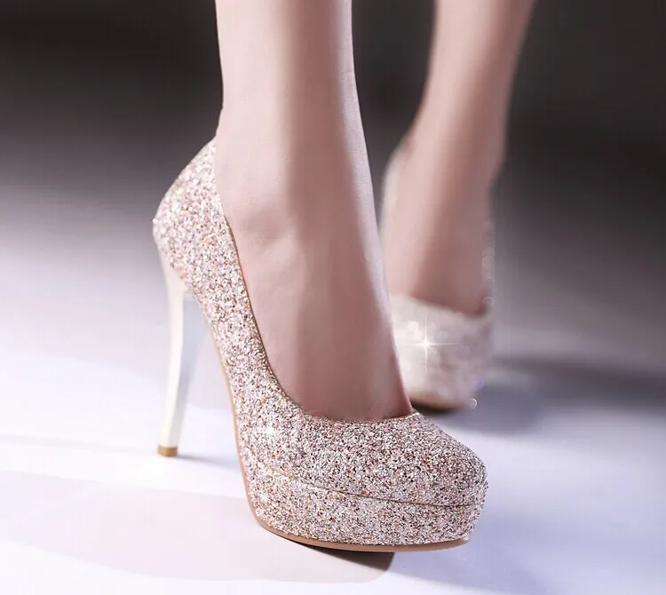 Glitter Lady Spring Dress Shoes Stiletto Heel Platforms White Gold Wedding Dress Shoes Sparkling Nattklubb Party Prom Skor