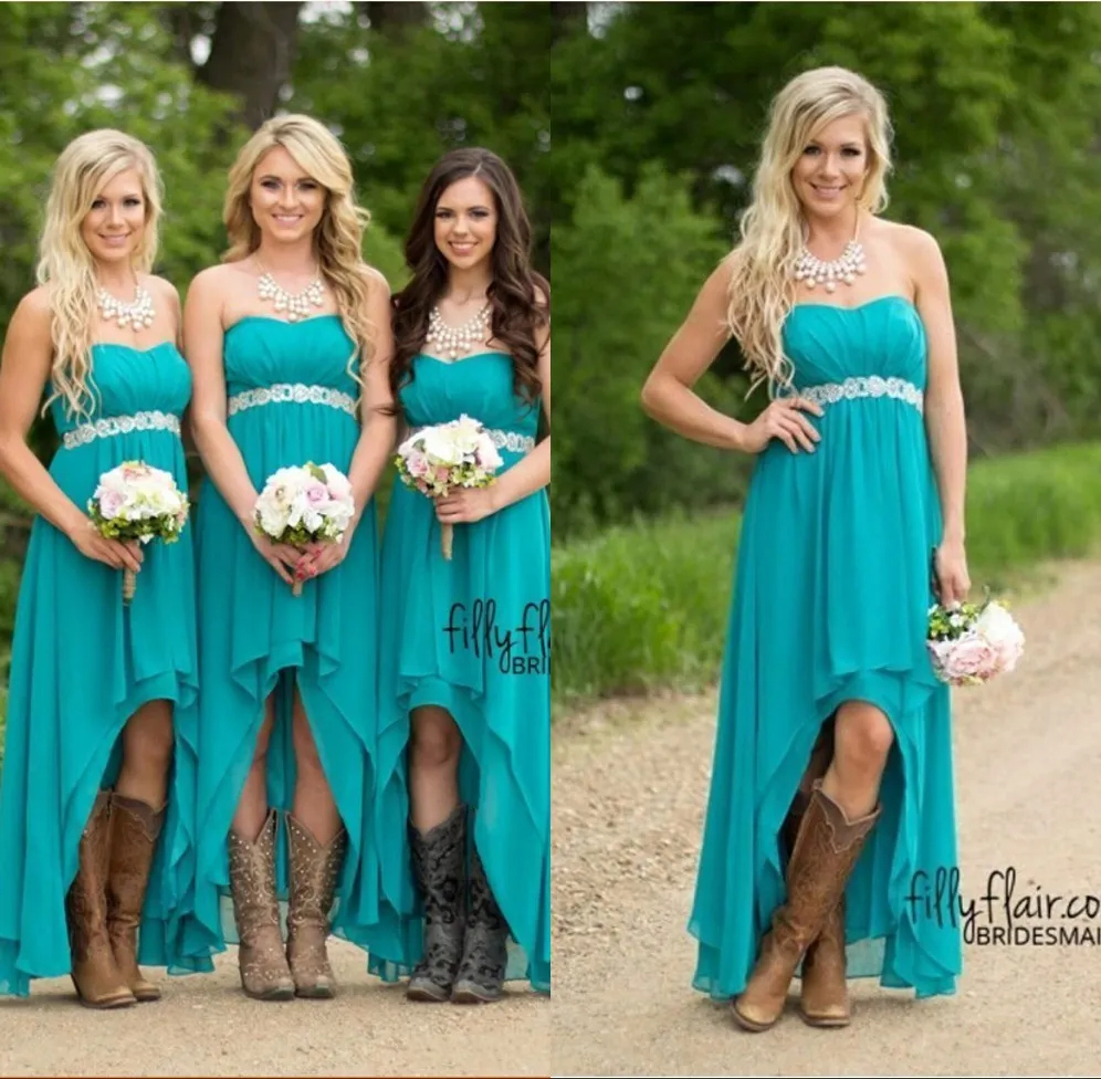 2020 Fashion Country Teal High Low Short Bridesmaids Dresses Backless Sexy Beach Long Chiffon Prom Gowns Plus Size Bridesmaid Dress