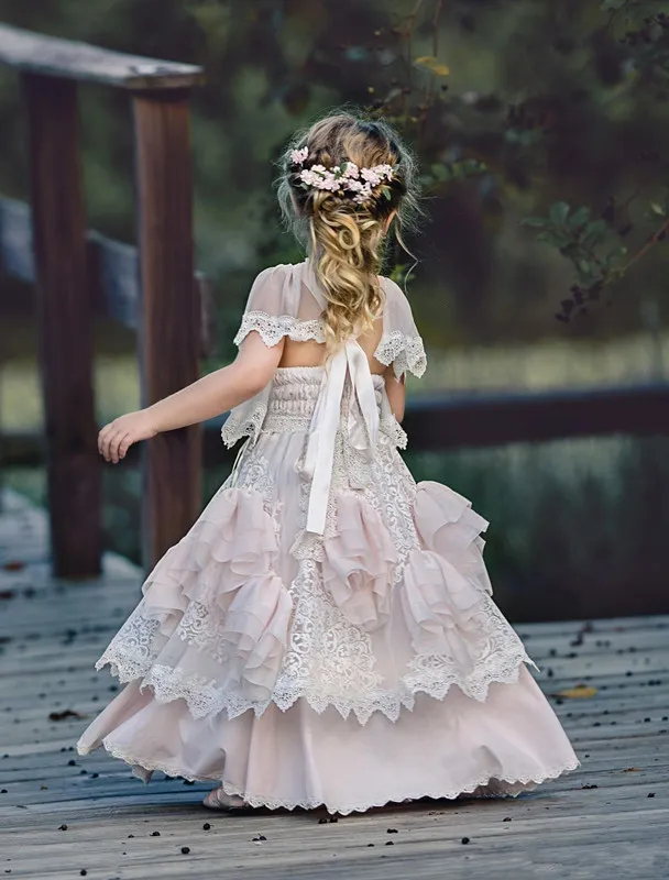 Румяна чешские платья для девочек-цветочниц с короткими рукавами, многоуровневые кружевные платья для девочек, винтажные детские свадебные платья