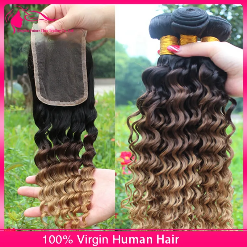 Maleisische diepe golf golvende ombre human hair extensions # 1b 4 27 Ombre haar weave bundels met drie toon ombre kant sluiting 