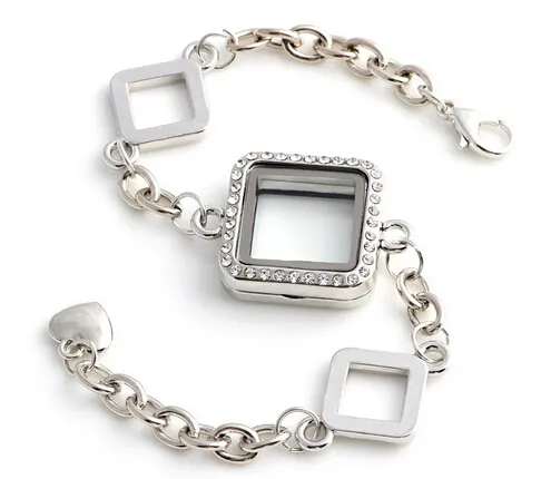 Square Glass Floating Locket Bracelet With Rhinestones Magnetic Living Memory Locket Bangles Fashion Jewelrys