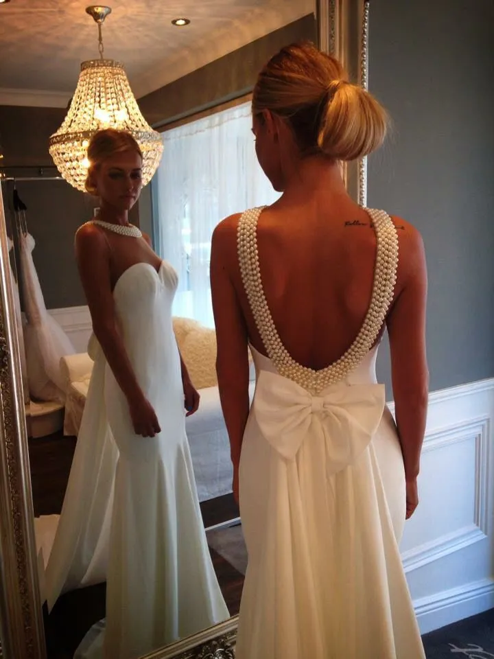 Maternity Mermaid Wedding Dresses 2016 Backless Beading Wedding Gown with Pearls Straps and Bow Sash Court Train Bridal Gowns Custom Made