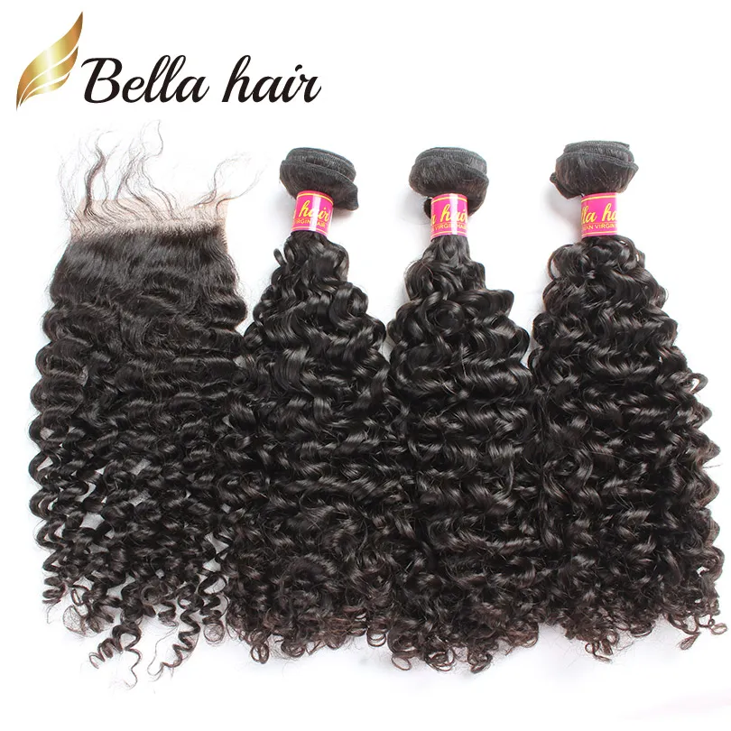 Lace Closure With Bundles Virgin Brazilian Hair Wefts 3pcs Curly Hair Weaves Extension Top Closrue Natural Color Bellahair