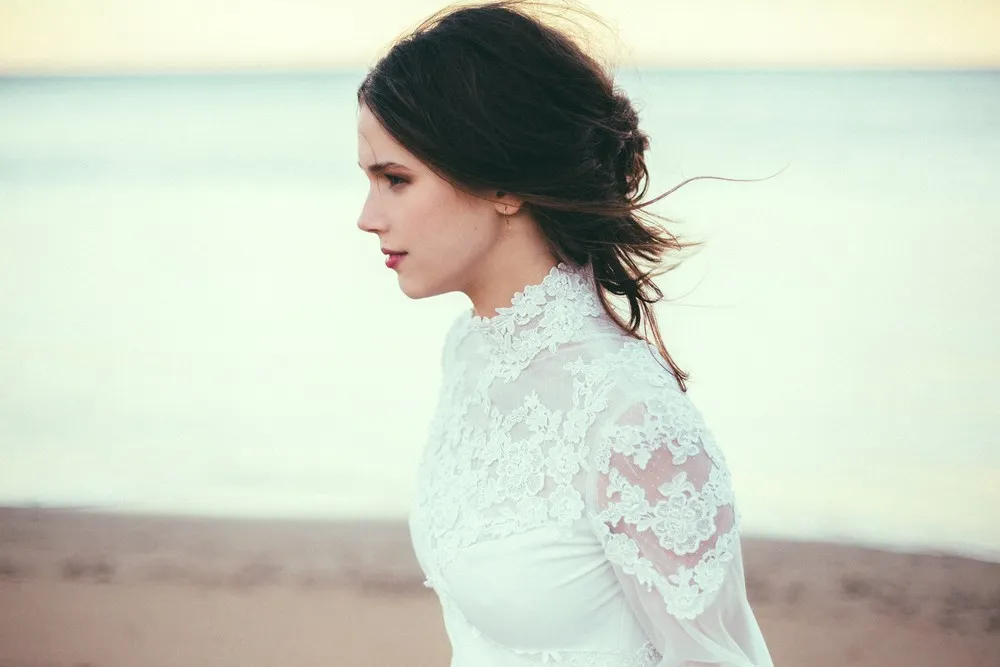 Vestido de novia musulmán de gasa de playa de manga larga con encaje cuello alto elegante Oriente Medio mujeres Casamento Vestidos hasta el suelo