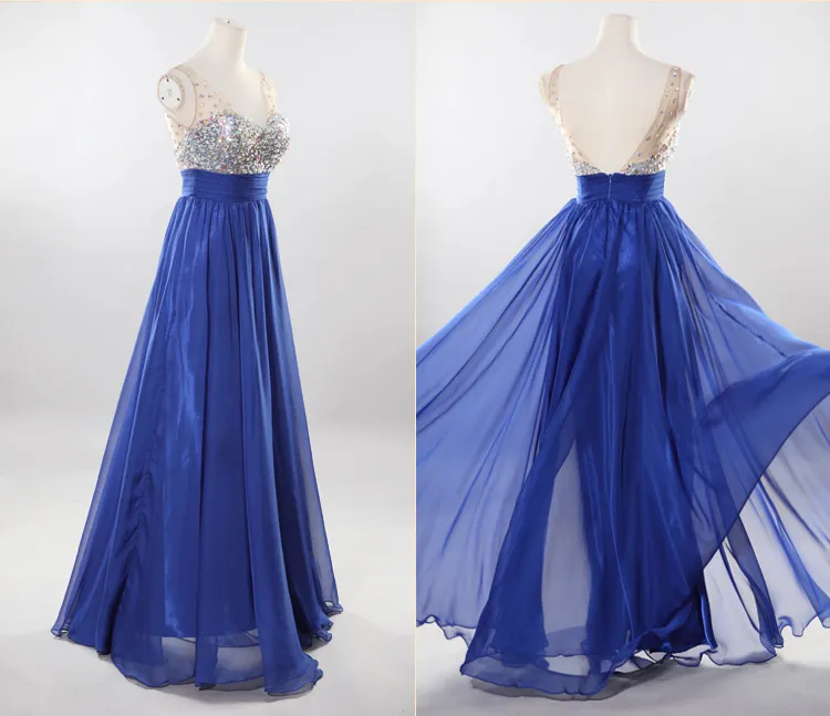 Rhinestone Crystal Shiny Homecoming Jurken Sexy V-hals Backless Royal Blue Prom Avondjurken Vloer Length Evening Draagt ​​Echte foto's