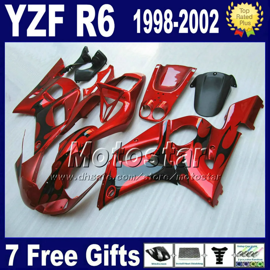 Fréché de carénage pour Yamaha YZF600 98-02 Flammes noires dans le kit de carénage rouge YZF R6 YZF-R6 1998 1999 2000 2001 2002 YZF600 VB94