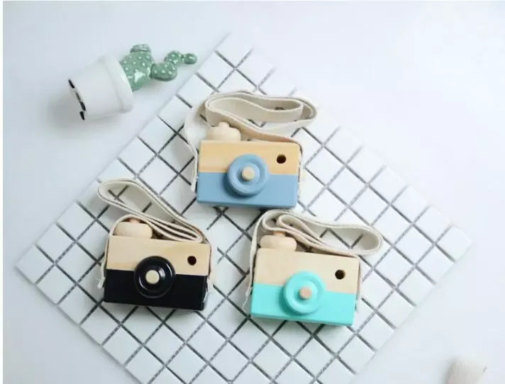 8 kleuren mini houten camera speelgoed hangen aan nek anti-statisch en natuurlijk hout voor kinderen baby peuter kamer decoratie