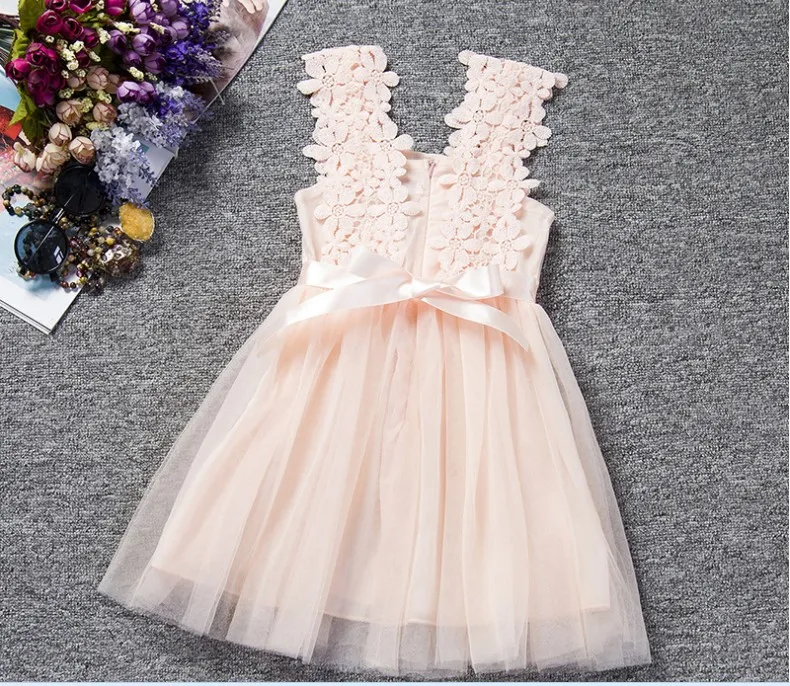 6 Farbe 2016 Sommer-3D Blumen Crochet Kleid-Mädchen-Spitze-Sleeveless Sun Kleid-Kind-Tutu-Kleid-Partei-Kleid-freies Verschiffen K7056