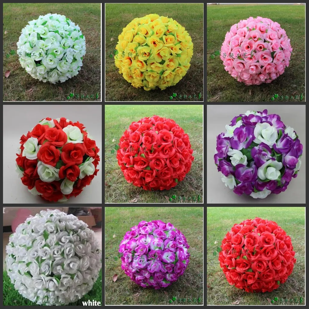12 " ~16 " Elegant Artificial Silk Roses Flowers Kissing Ball 10 Colors For Wedding Christmas Ornaments Party Decoration Supplies