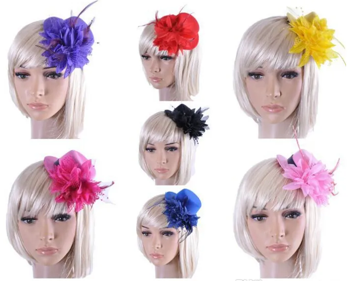 Fashion Lady's Mini Hat Hair Clip Feather Rose Top Cap Lace fascinator Costume Accessory The bride headdress Plumed Hat 