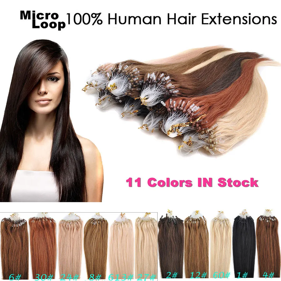 10 extensions de cheveux Micro Loop 0.5g / mèche 200s / lot Cheveux humains Remy brésiliens 16-24 pouces couleur 8 27 99J 613 60 rose