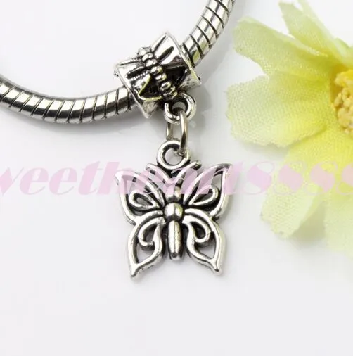 Butterfly Dangle Big Hole Koraliki 100 sztuk / partia 6styles Tybetański Silver Fit Europejskiej Charm Bransoletka DIY Metale Luźne Koraliki