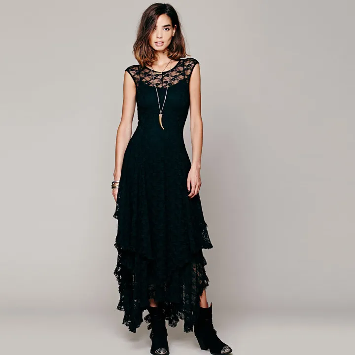 Top Quality Women Boho People Hippie Style Asymmetrical Embroidery Sheer Lace Dress Double Layered Ruffled Trimming Long Dress No Lining