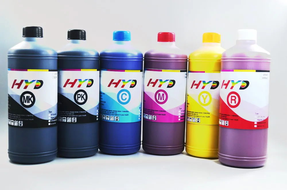 Hyd 6-färgvattenbaserad pigmentbläckfyllningssats för Canon ImagePragraf IPF6400SE, IPF8400SE Skrivare, MBK, BK, C, M, Y, R varje 1 liter