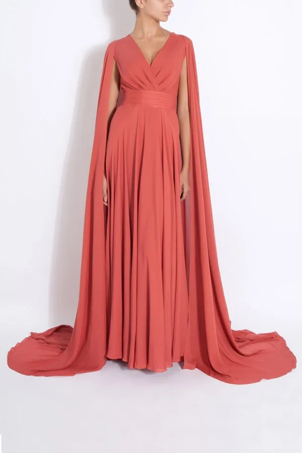 Spring Modest Muslim Long Dress Coral Chiffon Evening Dresses A Line Surplice V Neck Prom Gowns with Cape Sweep Train Custom Made