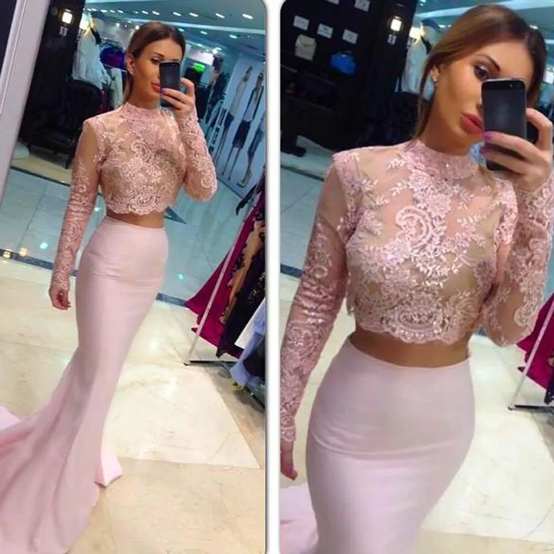 Pale Pink Two Pieces Prom Dresses Long Sleeves Lace Evening Gowns Mermaid Shape Formal Dress See Through Jewel Neckline Celebrity Gowns