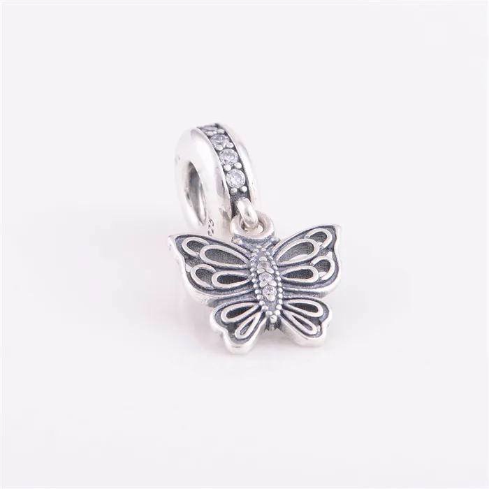 925 Ale Sterling Silver Pandora Armband Pärlor Smycken Butterfly Dangle Pendant Crystal Bead Charm, Passa European Charm Armband för kvinnor