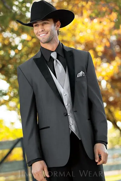 Handsome Dark Grey Mens Wedding Suits with Black Peaked Lapel One Buttton Groom Tuxedos Formal Occasion Prom Suits (Jacket+Pants+Vest+Tie)