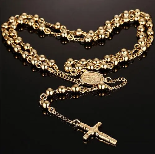 Pendant Necklaces Rosary Necklace Cross Jesus Gold Plated Stainless Steel For Men And Women Bead Chain