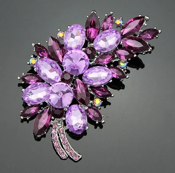 7.5 * 5 cm Size Accessori di modo Piccolo fiore viola Flower Cluster foglia Resina Rhinestone Spilla spilla nozze DB Bridal
