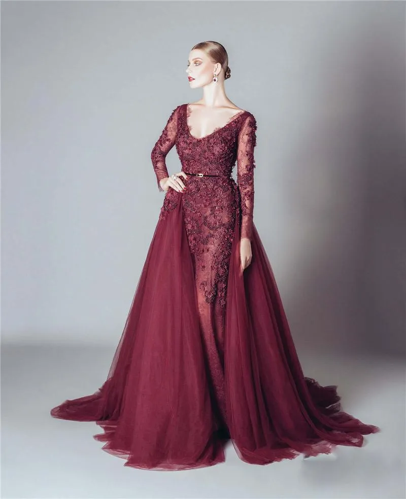 Alfazairy 2016 Burgundy Lace Long Sleeve Evening Dresses Sexy Backless 3D-floral Applique Beads Tulle Detachable Skirt Custom Made EN121714