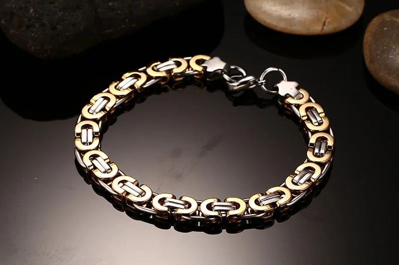 Charmant cadeau de qualité supérieure fait à la main 8 mm en acier inoxydable or argent bicolore plat bracelet à chaîne byzantine 8,66 '' style de mode