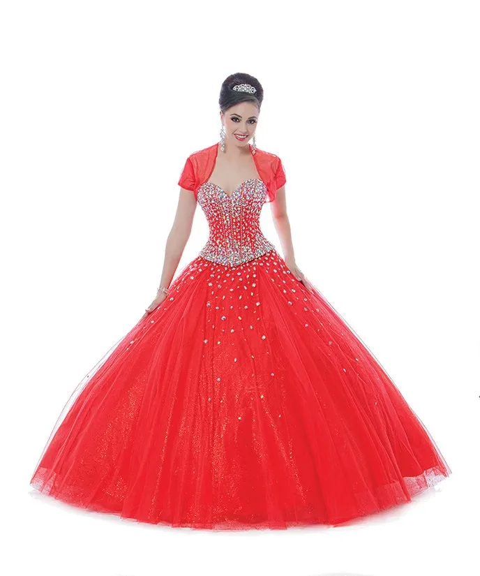 Frete grátis vestido de baile querida até o chão vermelho de cristal de tule 15 anos meninas quinceanera dress com manga curta de cristal vestidos de baile