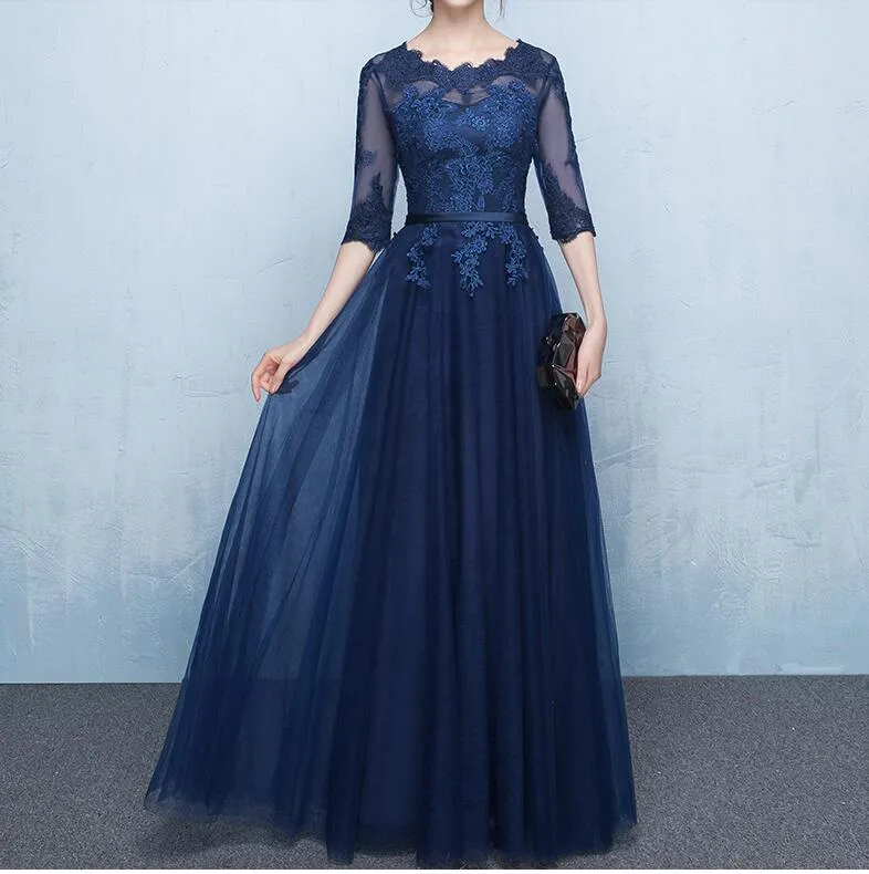 Elegant marinblå Mor till brudklänningarna Halva ärmar Sheer med Applique Lace-Up Back Floor Length Party Dress Royal Blue, Bourgogne