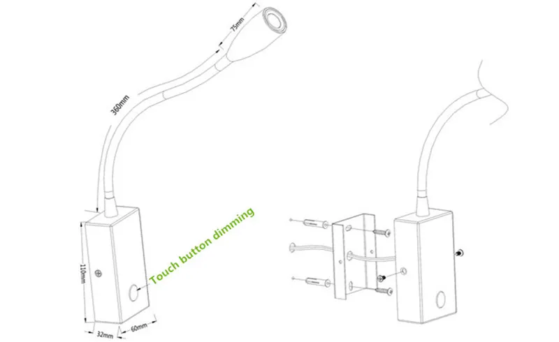 Topoch Huśtawka Ramię Czarny Lampa Dotknij On / Off / Dimmer Switch Switch Aluminium Wąż Stożkowy Głowica Ostrość obiektywu 3W LED do Sypialni Łodzie Camper